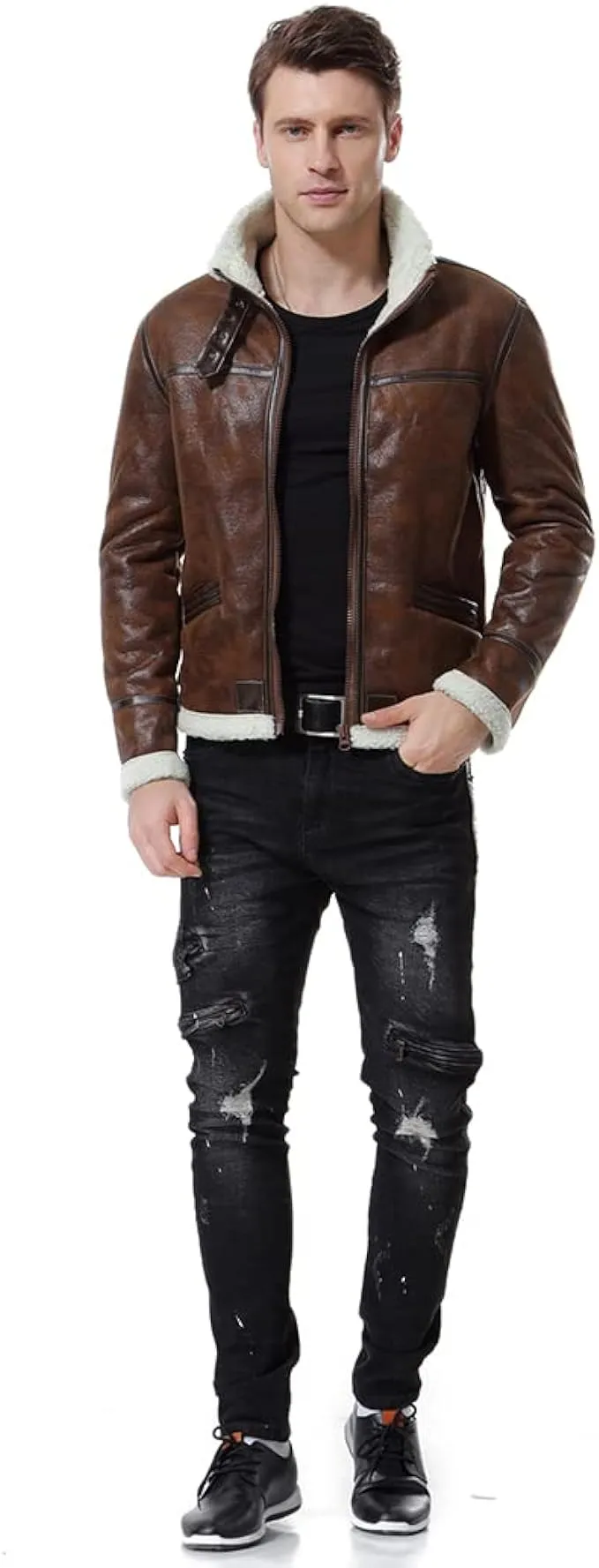 "Men's Stand Collar Bomber Brown Leather Biker Jacket"