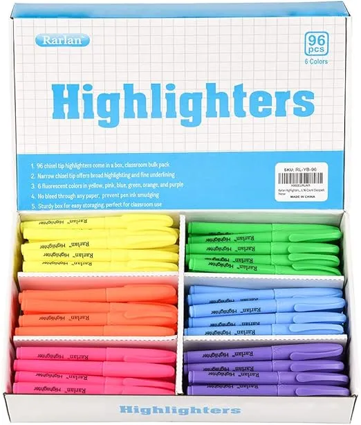 Rarlan Highlighters, Assorted Fluorescent, 96 Count