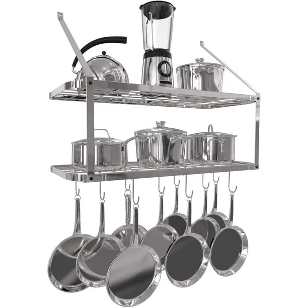 Vdomus Shelf Pot Rack Wall Mounted Pan Hanging Racks 2 Tire Silver