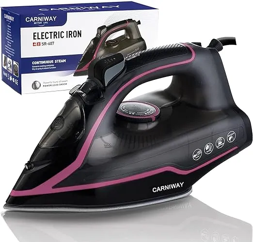 Carniway Steam Iron for Clothes, Professional Grade 1800W Rapid Even Heat, Lightweight Portable Steam-Dry & Steam Iron - Best for Travel – Self Clean, 300ml Water Tank, Non-Stick Ceramic Soleplate Home Steam Iron