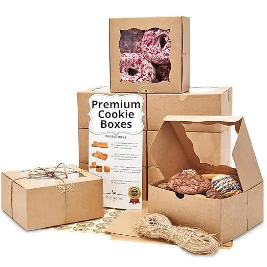 BORGANIC Cookie Boxes For Packaging - The Strongest 6x6x3 Cookie Boxes With Window [50 Pack] - Oil Resistant Cookie Boxes - Premium Bakery Boxes With Window - Cookie Boxes For Gift Giving