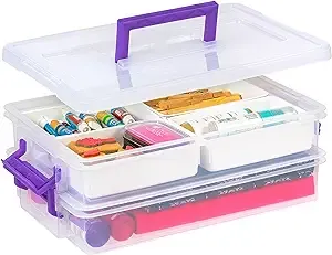 IRIS USA 9.4Qt 2 Layer Stack and Carry Storage Containers with Bulked-Up Lid, Clear/Violet