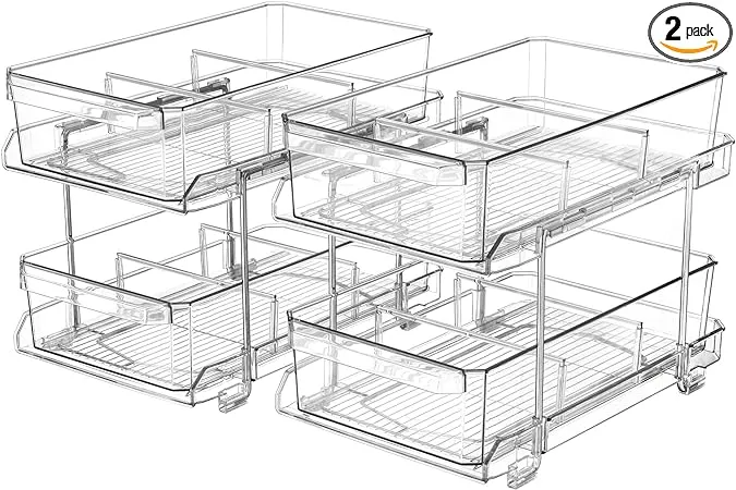 2 Set, 2 Tier Clear Organizer with Dividers for Cabinet, Shlef, Counter - MultiUse Slide-Out Storage Container - Kitchen, Pantry, Medicine Cupboard Bins, Bathroom, Vanity Makeup, Under Sink Organizing