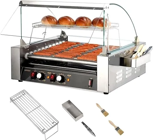 ROVSUN Hot Dog Roller ETL Certified, 11 Rollers 30 Hot Dog Roller Grill Cooker Machine w/Cover, Dual Temp Control, LED Lighting, Removable Shelf & Drip Tray for Party Home Commercial 1650W