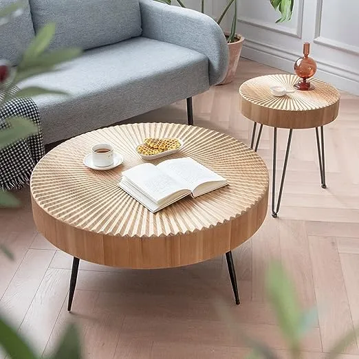 COZAYH 2-Piece Modern Farmhouse Coffee, Nesting Round Natural Finish with Handcrafted Wood Radial Pattern Living Room Table Sets, 31.5D x 31.5W x