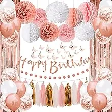 Upgraded Rose Gold Pink Birthday Party Decorations with Happy Birthday Banner,Cu