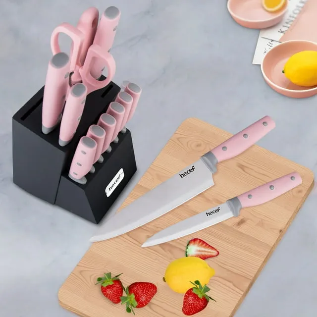 hecef Kitchen Knife Block Set, 14 Pieces Knife Set with Wooden Block & Sharpener Steel & All-purpose Scissors, High Carbon Stainless Steel Cutlery Set (Yellow)