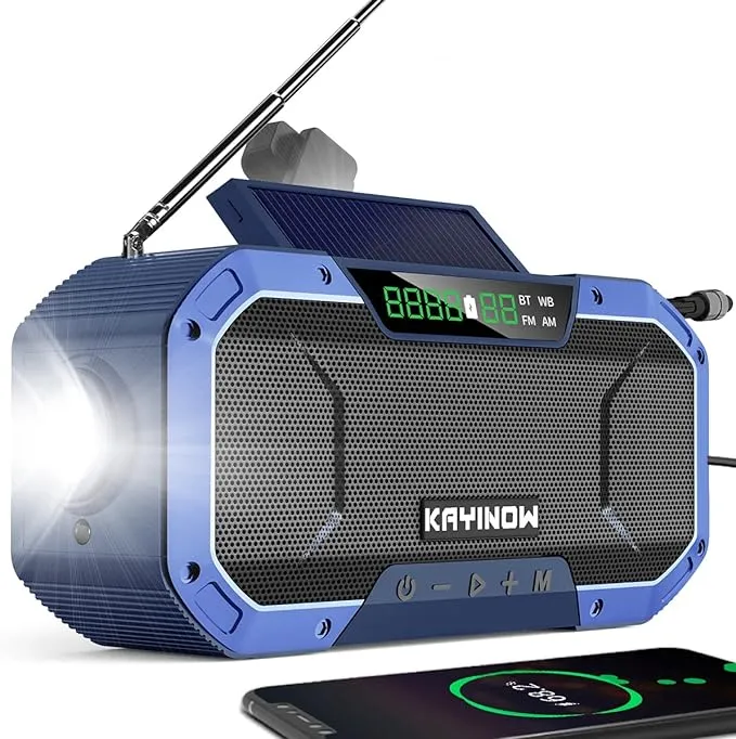 Bluetooth Hand Crank Emergency Radio Solar Power,Portable Am FM Radio Speaker,NOAA Weather Radio Flashlight Phone Charger,5000mAh Battery,SOS