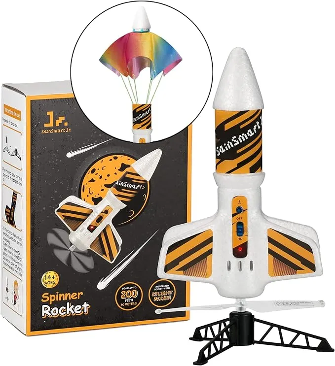 SainSmart Jr. Rocket Launcher for Kids - Motorized Air Rocket Launch up to 200 ft, Safely Land with Parachute, Self-Launching Outdoor Toy, White