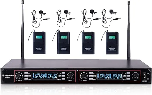 Sound Town 200-Channel Rack Mountable Professional Adjustable UHF Wireless Microphone System with Metal Receiver, 2 Handheld Mic, 2 Lavalier Mic, 2 Bodypack Transmitter (NESO-U4HL)