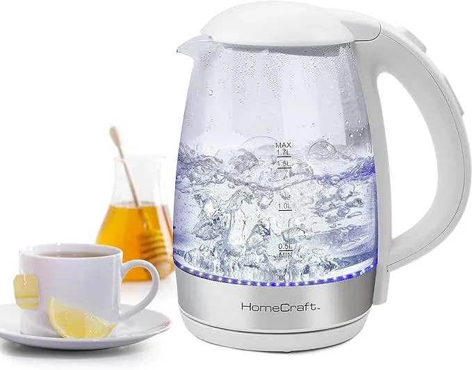 Nostalgia HCOTCWK17WH White HomeCraft 1.7L Electric One-Touch Control Glass Kettle