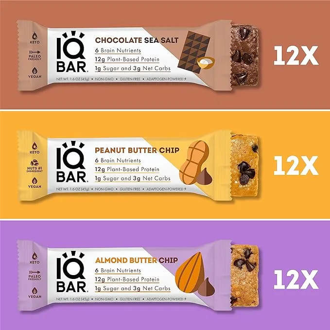 Iqbar Brain and Body Plant Protein Bars - Chocolate Sea Salt - 36 Count, Low Carb, High Fiber, Gluten Free, Vegan Snacks - Low Sugar Keto Energy Bar