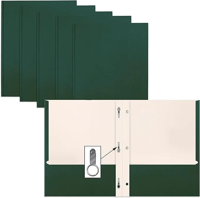 2 Pocket Paper Folders Portfolio W/Prongs, Matte Texture, Letter Size, Dark Green, 50PK