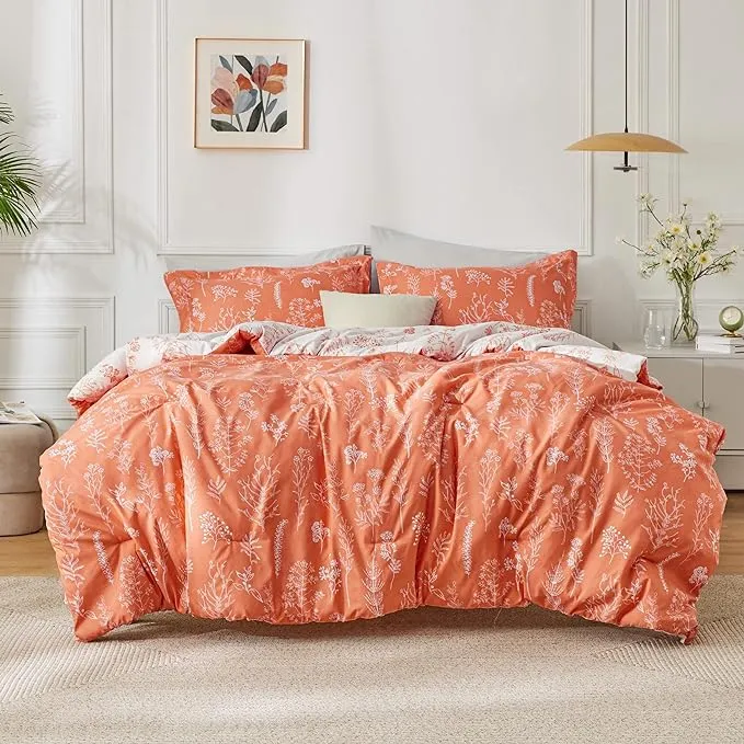 Bedsure King Comforter Set - Coral Orange Comforter, Cute Floral Bedding Comforter Sets, 3 Pieces, 1 Soft Reversible Botanical F