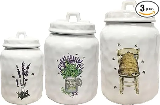 First of A Kind - Set of 3 Stoneware Canisters with Beehive, Lavender, and Bees ...