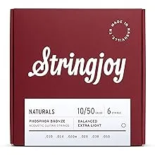 Stringjoy NB1050 Naturals Phosphor Bronze Acoustic Guitar Strings, 10-50 Extra Light Gauge, Guitar Strings Acoustic 6 String Set for Clear Tones, Durable Super Light Acoustic Guitar Strings