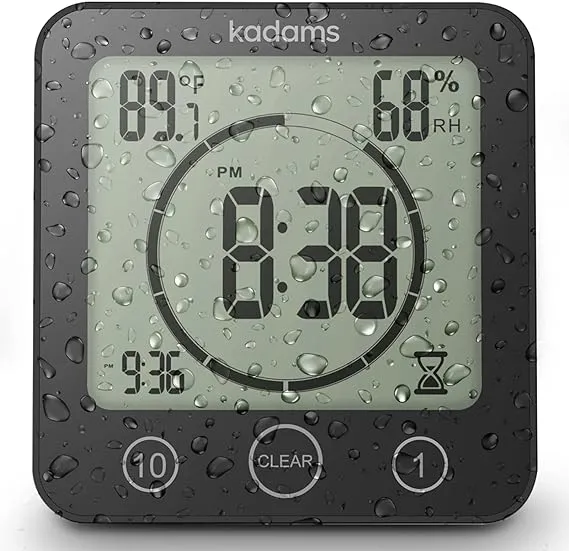 KADAMS Digital Bathroom Shower Kitchen Wall Clock Timer with Alarm, Waterproof for Water Spray, Touch Screen Timer, Temperature Humidity, Suction Cup Hanging Hole Stand - Black