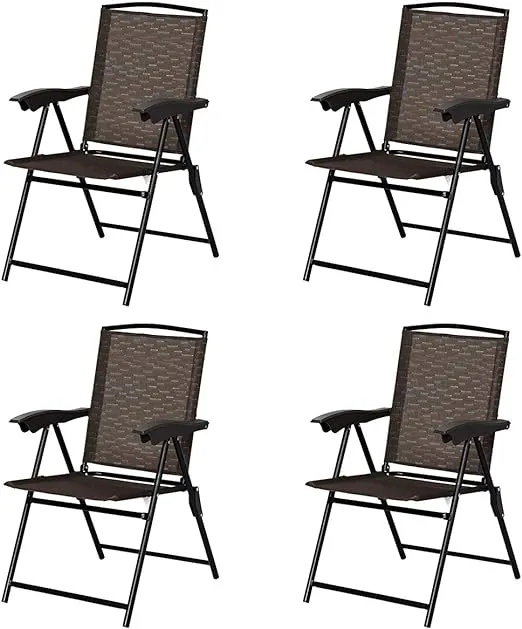 Goplus Folding Sling Chairs Sets of 4, Portable Chairs for Patio Garden Pool Outdoor & Indoor w/Armrests and Adjustable Back