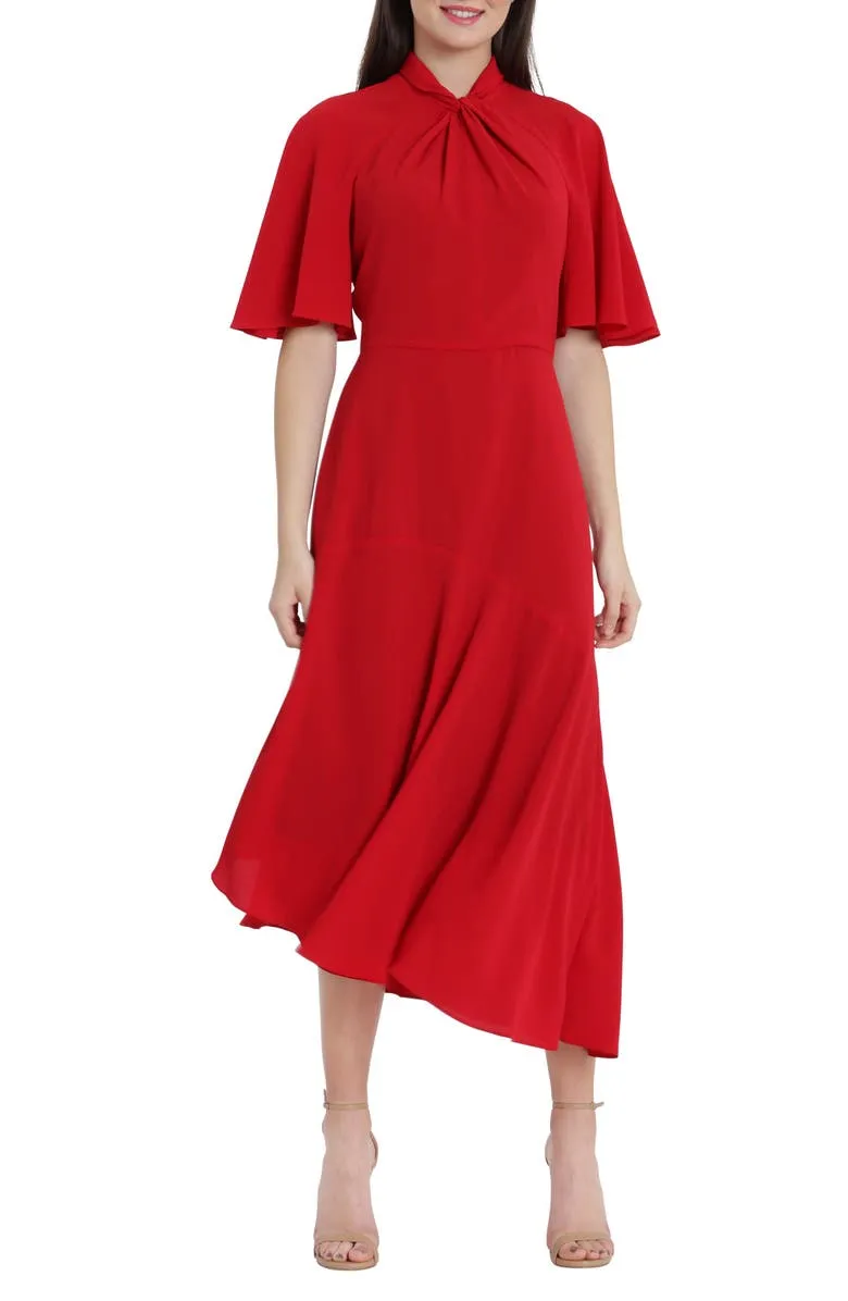 Maggy London Asymmetrical Hemline Crepe Short Sleeve Twisted Mock Neck Stretch Midi Dress - 4