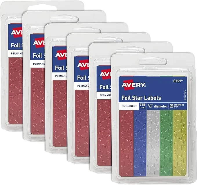 Avery Foil Star Stickers, Assorted Colors, 440 per Pack, 10 Packs, 4,400 Star Stickers Total (06007)