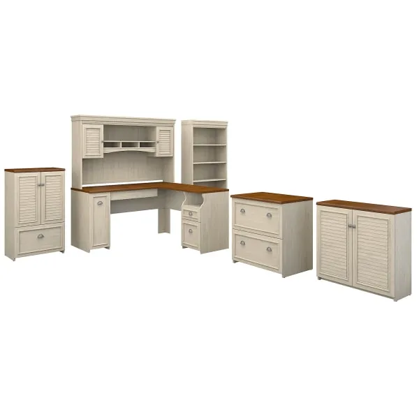 Bush Furniture Fairview 60W L Shaped Desk with Hutch, Bookcase, Storage and File Cabinets in Antique White and Tea Maple