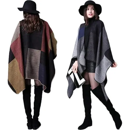 Bodychum 2Pcs Women s Warm Shawl Wrap Open Front Poncho Cape Color Block Shawls Winter Cardigan Wrap Valentines Day Gifts