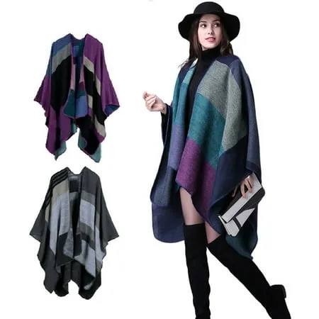 Bodychum 2Pcs Women s Color Block Shawl Wrap Open Front Poncho Cape Fashion Different Color Christmas Gifts for Women