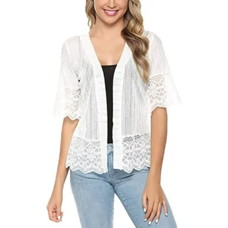 Women Lace Crochet Cardigan Half Sleeve Open Front Bolero Shrug Sheer Cover Up Streetwear