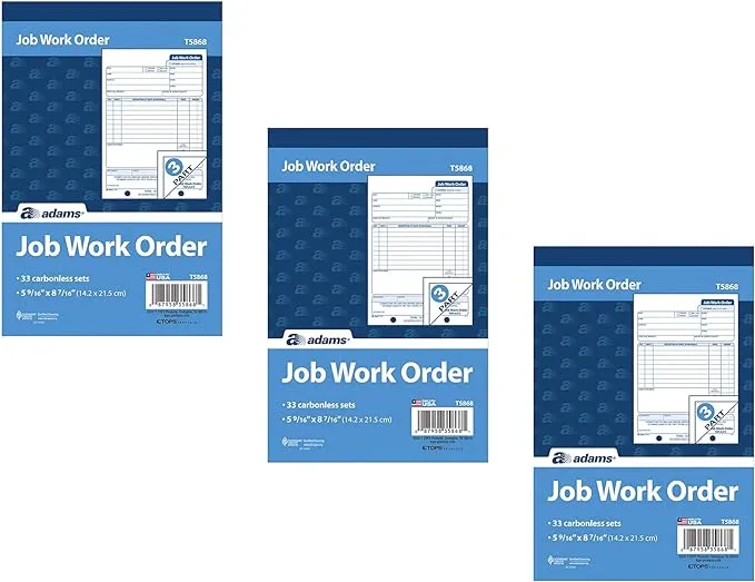 Adams Job Work Order Book, 3-Part Carbonless, White/Canary/White, 5-9/16 x 8-7/16 Inches, 33 Sets (T5868)