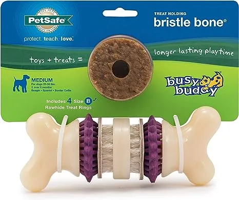 PetSafe Busy Buddy Bristle Bone - Treat-Holding Toy for Dogs - Treat Rings Included - Treats Thoroughly Mixed During Bake to Prevent Choking - Rigorously Tested Ingredients - Purple, Medium