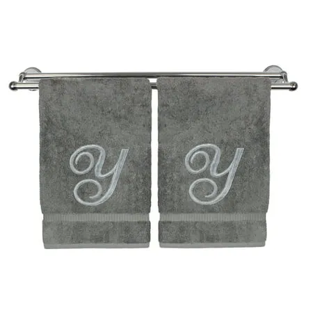 Monogrammed Hand Towel Personalized Gift 16 x 30 Inches - Set of 2 - Silver Embroidered Towel - Extra Absorbent 100% Turkish Cotton- Soft Terry Finish - for Bathroom Kitchen and Spa- Script Y Gray