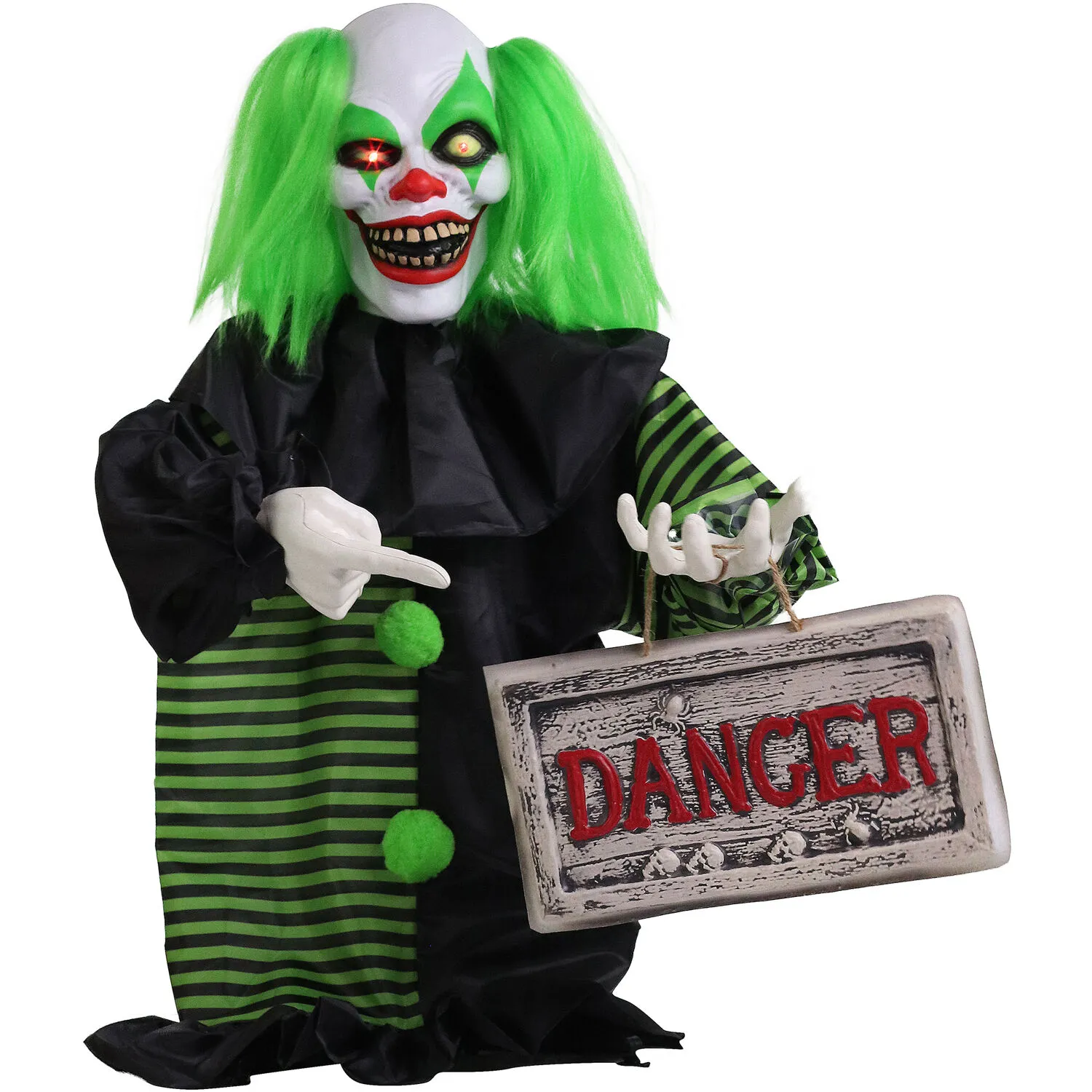 Haunted Hill Farm Talking, Shaking, Mini Animatronic Clown with Light-Up Eyes and Danger Sign for Battery Operated Scary Indoor or Covered Outdoor Halloween Decoration