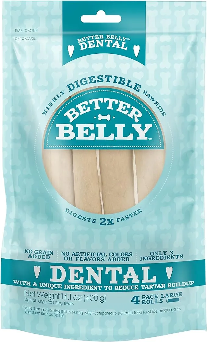 Better Belly Dental Large Rolls 4 Count, Highly Digestible Rawhide