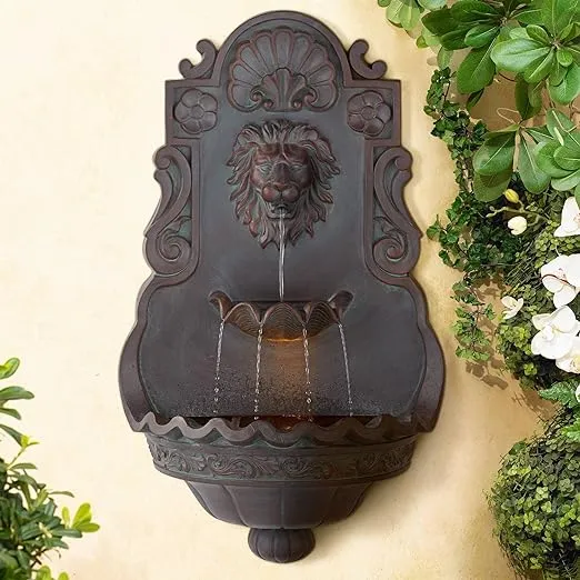 John Timberland Lion Head Rustic 2 Tier Outdoor Wall Water Fountain with LED Light 31 1/2" for Yard Garden Patio Home Deck Porch Exterior Balcony