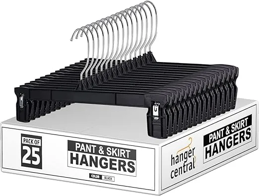 Hanger Central Recycled Heavy Duty Plastic Bottoms Hangers with Ridged Pinch Clips Pants Hangers, 12 Inch, Black, 25 Pack