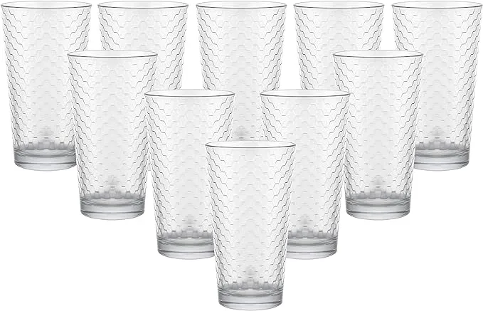 Circleware Paragon Honeycomb Set of 10 Heavy Base Highball Tumbler Drinking Glasses, Beverage Glassware Ice Tea Cups for Water, Juice, Milk, Beer, 10 Count (Pack of 1)