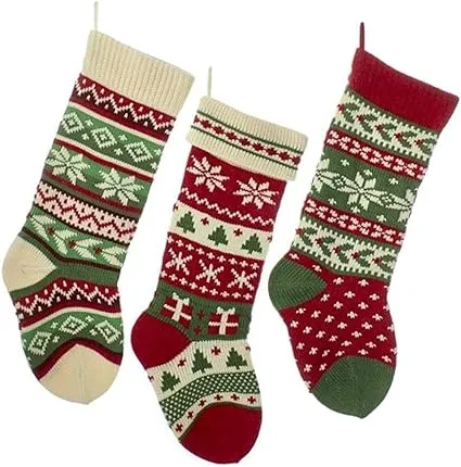 Kurt Adler Heavy Knit Snowflake and Chrismas Tree Stocking - 3 Assorted