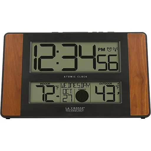 La Crosse Technology 513-1417CH-INT Atomic Digital Clock with Temperature and Moon Phase, 11.10"L x 1.14"W x 6.61"H, Cherry