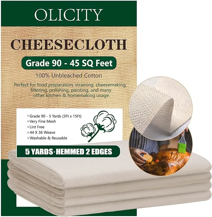 Olicity Cheesecloth, Grade 90, 45 Square Feet, 100% Unbleached Cheese Cloth Cotton Fabric Ultra Fine Muslin Cloths Reusable Cheese Cloths for Straining, Cooking, Baking, Halloween Decoration - 5 Yards