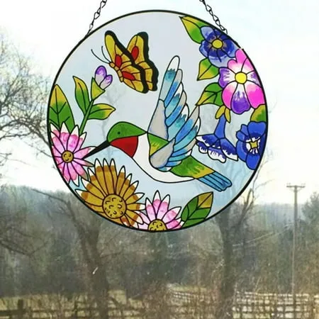 12 Indoor Hummingbird Stained Glass Window Hangings Suncatcher Panel Home Decor with Chains