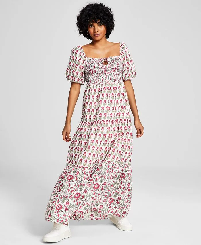 Women's Printed Smocked Puff Sleeve Cotton Maxi Dress