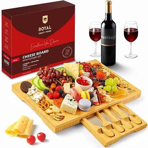 Royal Craft Wood Unique Bamboo Cheese Board Set - Charcuterie Platter & Serving Tray Including 4 Stainless Steel Knife & Thick Wooden Server - Fancy