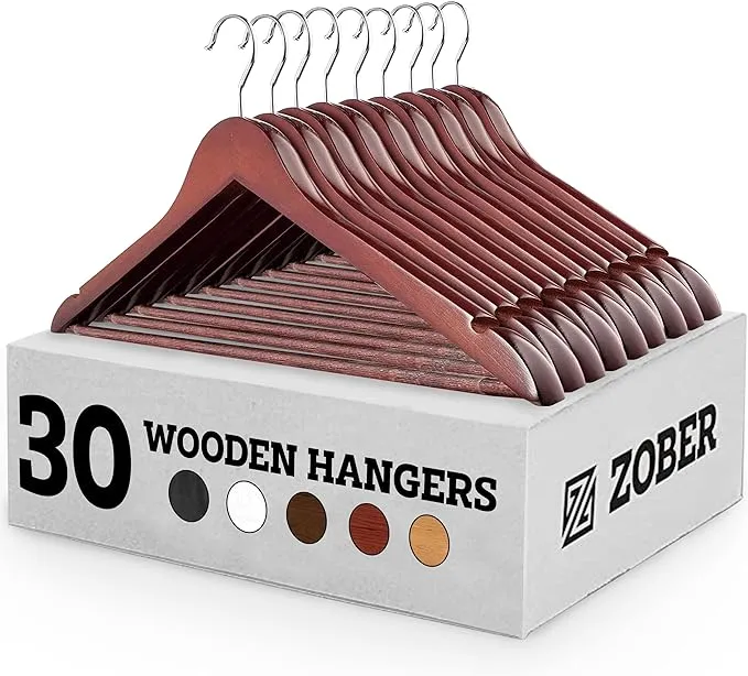 Zober Wooden Hangers 30 Pack - Non Slip Wood Clothes Hanger for Suits, Pants, Jackets w/Bar & Cut Notches - Heavy Duty Clothing Hanger Set - Coat Hangers for Closet - Cherry