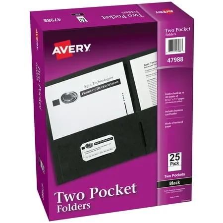 Avery Two Pocket Folders, Holds up to 40 Sheets, Business Card Slot, 25 Black Folders (47988) 