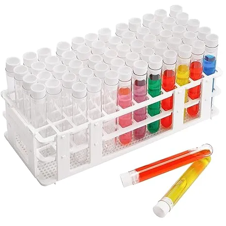 DEPEPE 60pcs Plastic Test Tubes with Rack and Caps, 16 x 100mm Clear Test Tubes with Holder for Scientific Experiments, Beads Liquid Spice Seed Storage, Party Decorations