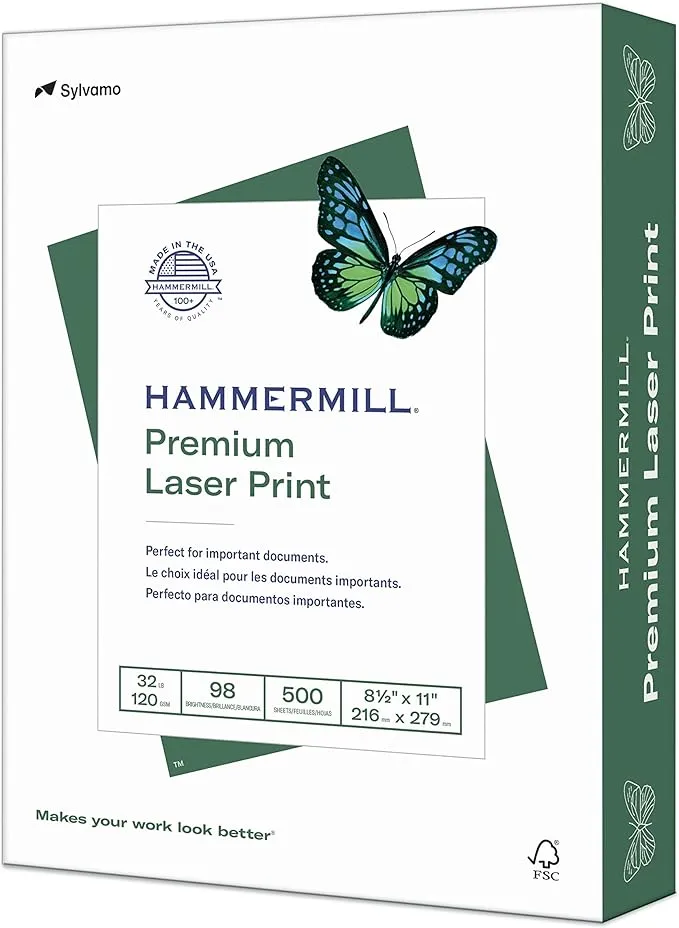 Hammermill® Premium Laser Paper, 1 Ream, Radiant White, Letter Size (8 1/2" x 11"), Ream Of 500 Sheets, , FSC® Certified, 24 Lb, 98 Brightness