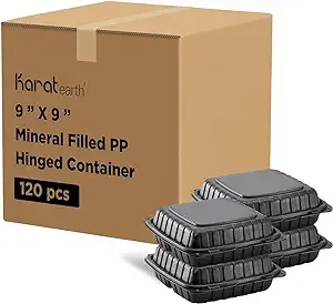 Karat Earth 9 inch x 9 inch Mineral Filled PP Hinged Container, 3 Compartment - Black - 120 ct