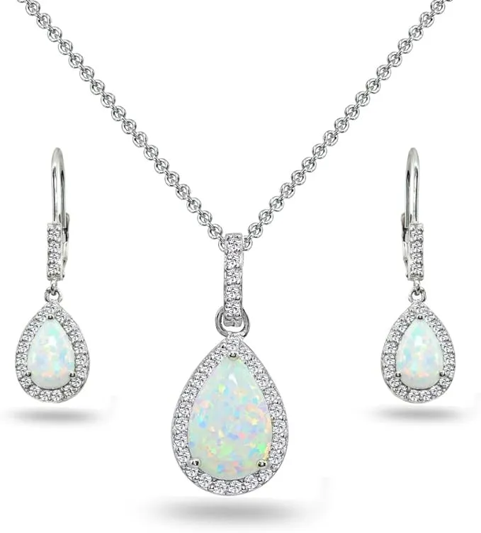 Teardrop Simulated White Opal &amp; Topaz Necklace &amp; Leverback Earrings in Silver