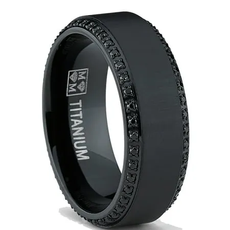 Black Titanium Men's Eternity Wedding Band Ring with Clear Round Cubic Zirconia 9mm