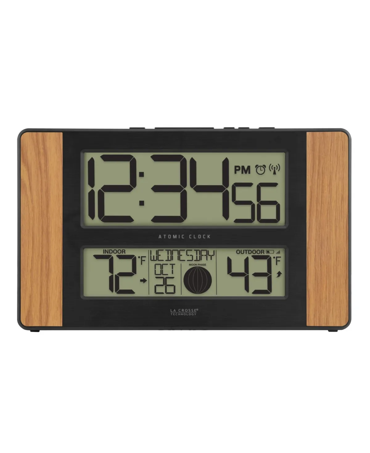 Atomic Digital Clock with Temperature and Moon Phase, Oak finish